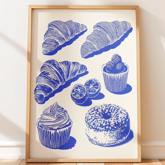 Blue Ink Croissants Cupcakes Donuts Bakery Line Art Kitchen Poster