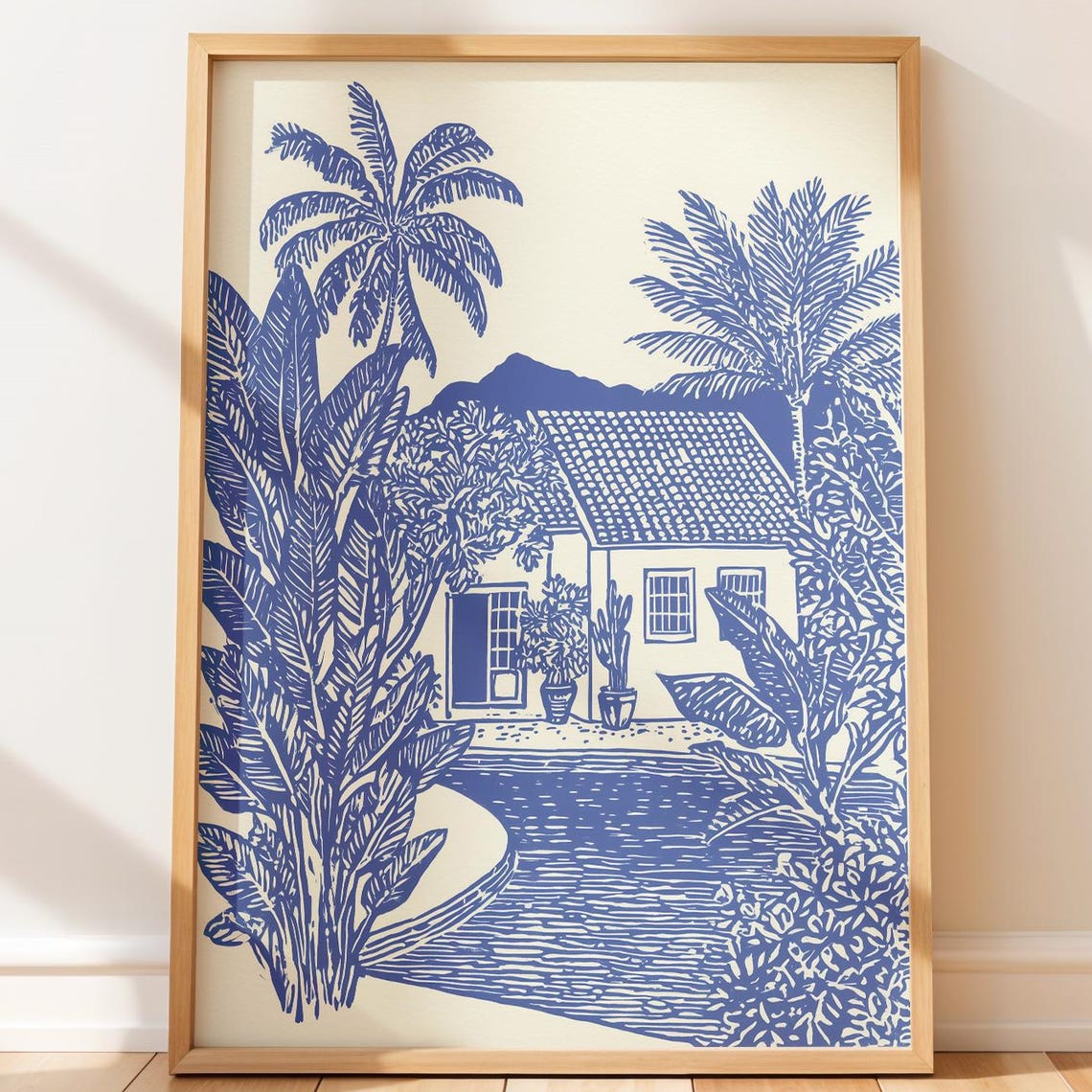 Blue Ink Tropical Villa with Palms and Pool Linocut Style Poster