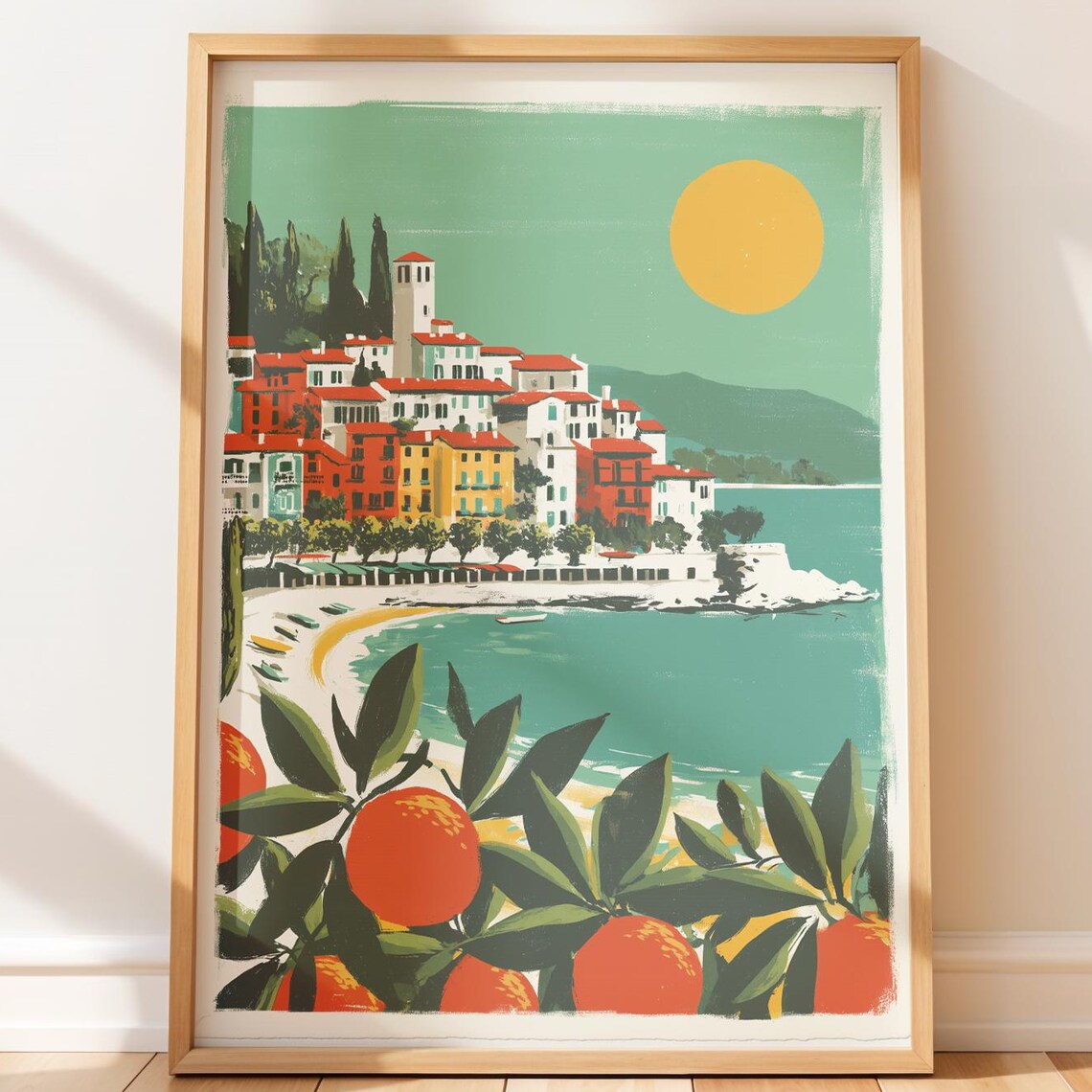 Mediterranean Coastal Village Pastel Sunny Seaside Travel Poster
