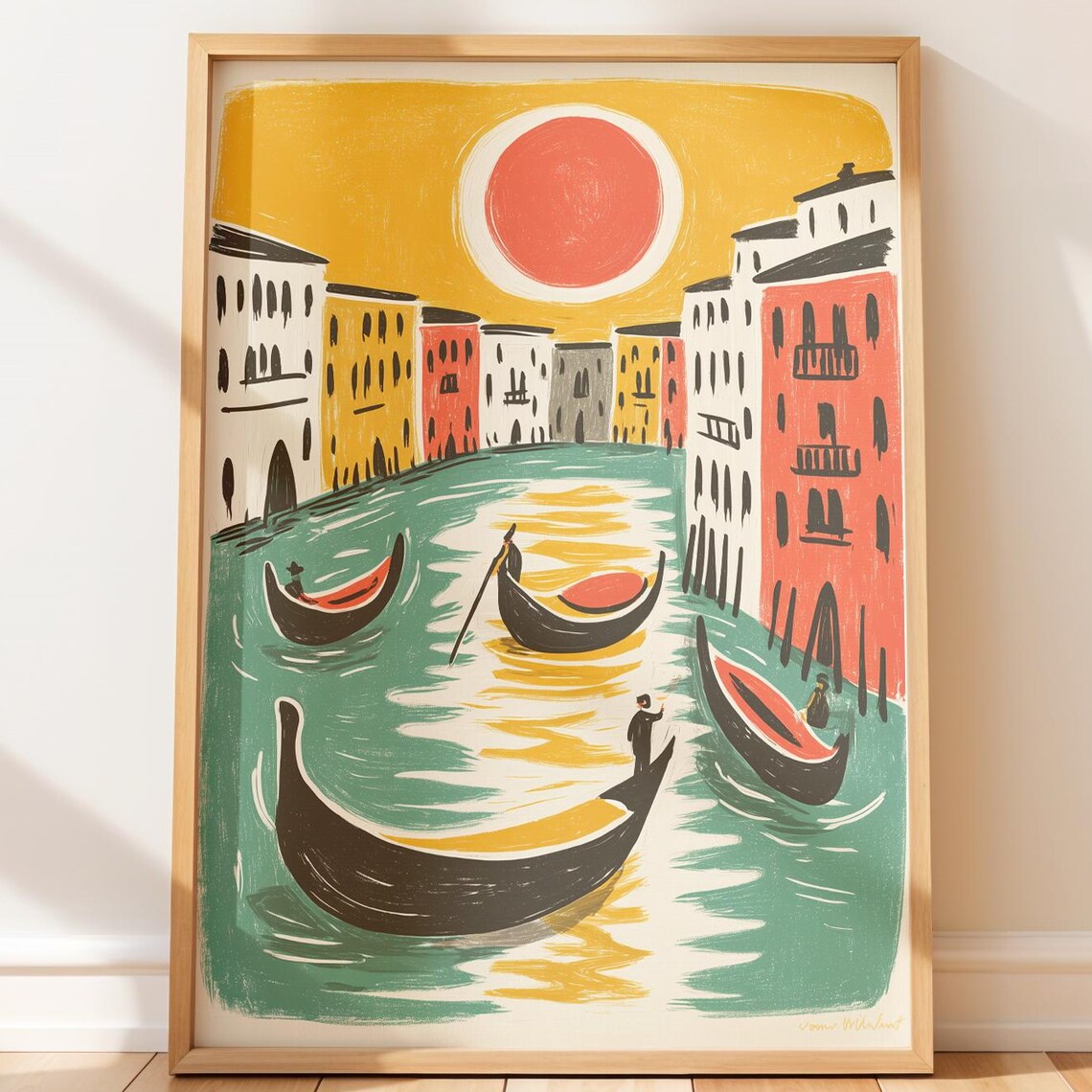Venice Canal Gondolas Retro Italian Red Sun Illustration Poster