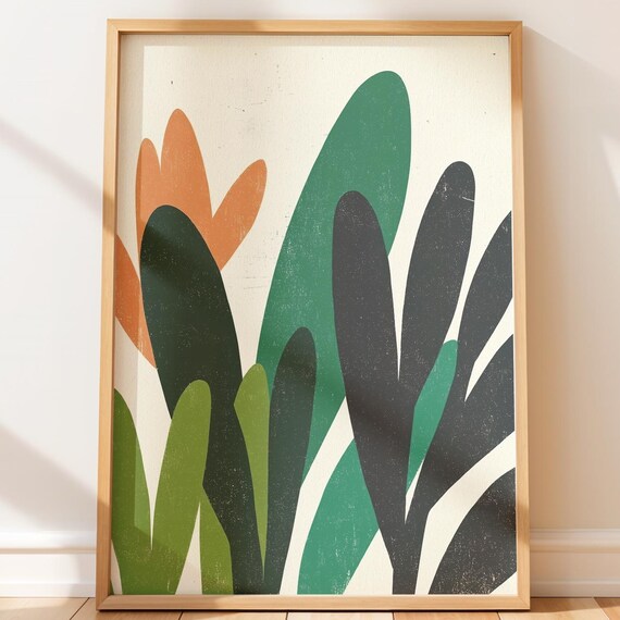 Abstract Botanical Leaves Green Terracotta Midcentury Modern Art Poster