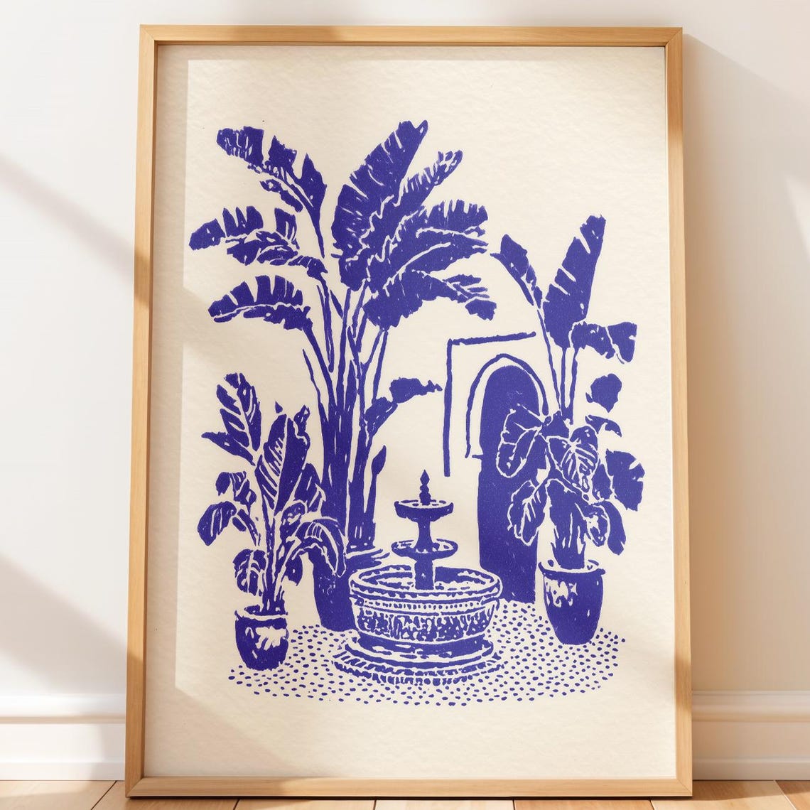 Moroccan Fountain Potted Banana Plants Blue Line Botanical Poster
