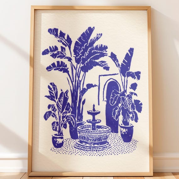 Moroccan Travel Poster Print Blue Courtyard Wall Art Tropical Fountain Illustration Boho Interior Decor Minimalist Line