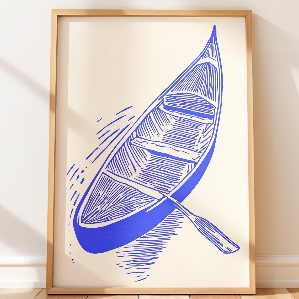 Canoe with Paddle Blue Line Art Lake Adventure Minimalist Poster