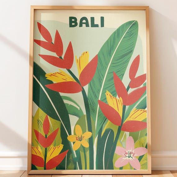 Vibrant Tropical Banana Leaves And Orchid Blooms Wall Art Exotic Floral Vintage Travel Poster Mid Century Decor Illustration