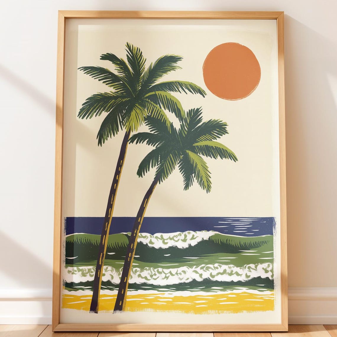 Retro Palm Trees Sunset Beach Ocean Waves Minimalist Wall Art