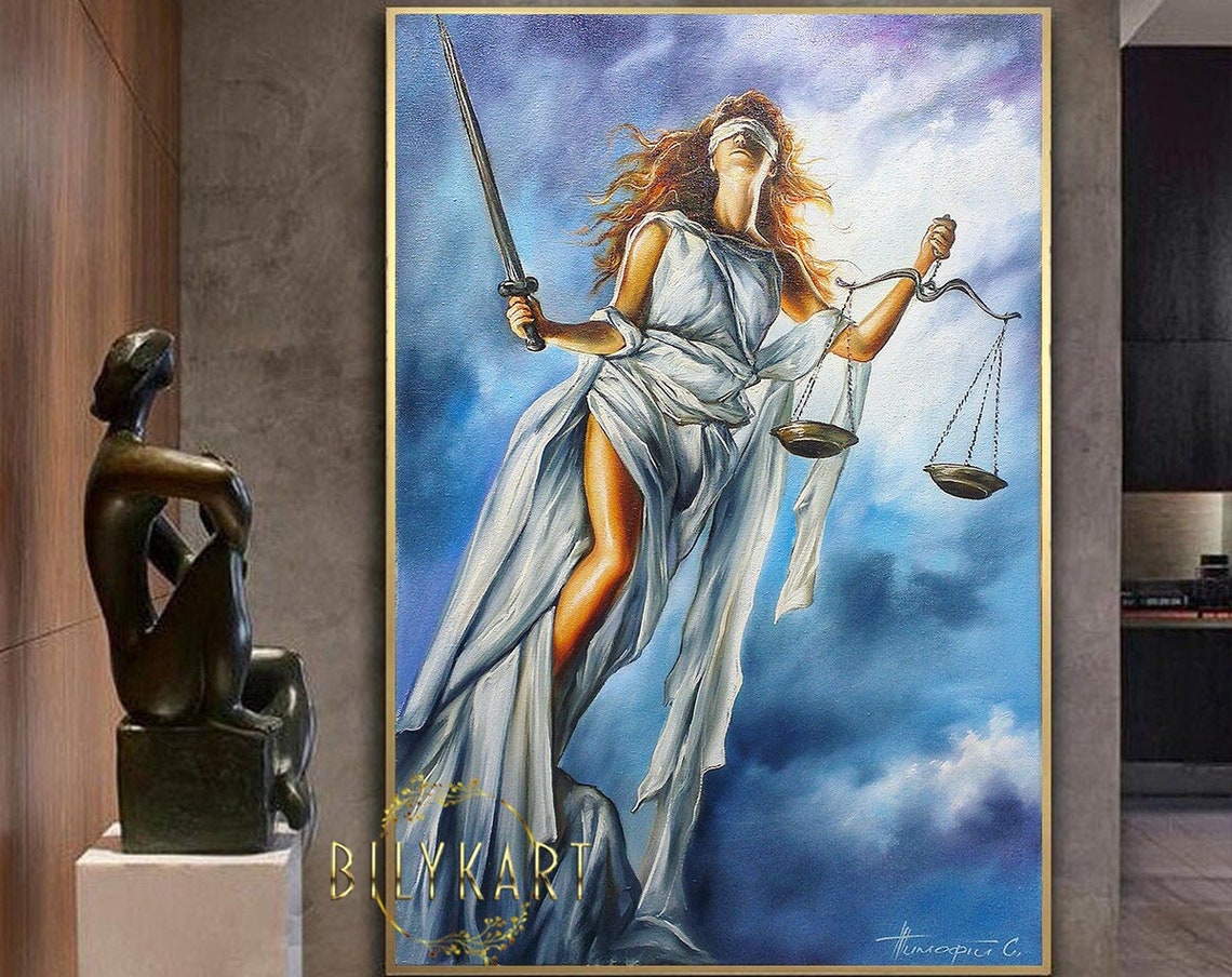 Lady Of Justice Oil Painting Scales Of Justice Wall Art Lawyer Painting Law Office Decor Greek Goddess Of Justice Paintings Lawyer Art Gift