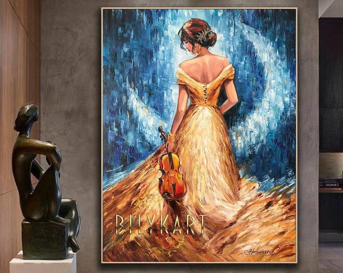 Elegant Woman Gold Dress Violin Moonlit Blue Night Music Art Poster