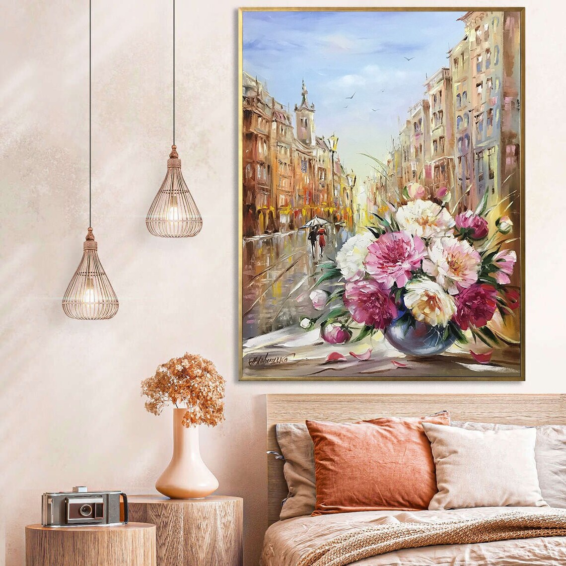 Peonies Bouquet By Rainy City Window Still Life Impasto Art Poster - Image 2