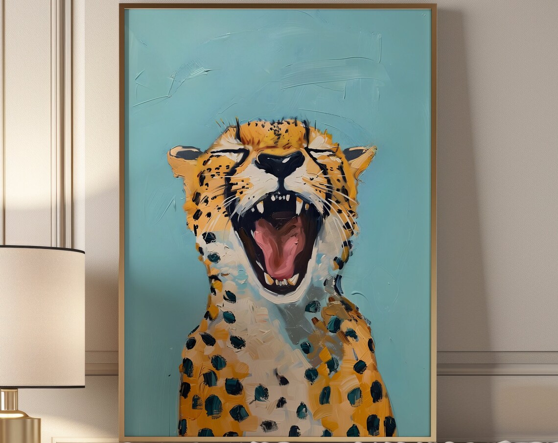 Yawning Cheetah In Playful Pop Art Style On Light Blue Background Poster - Image 3