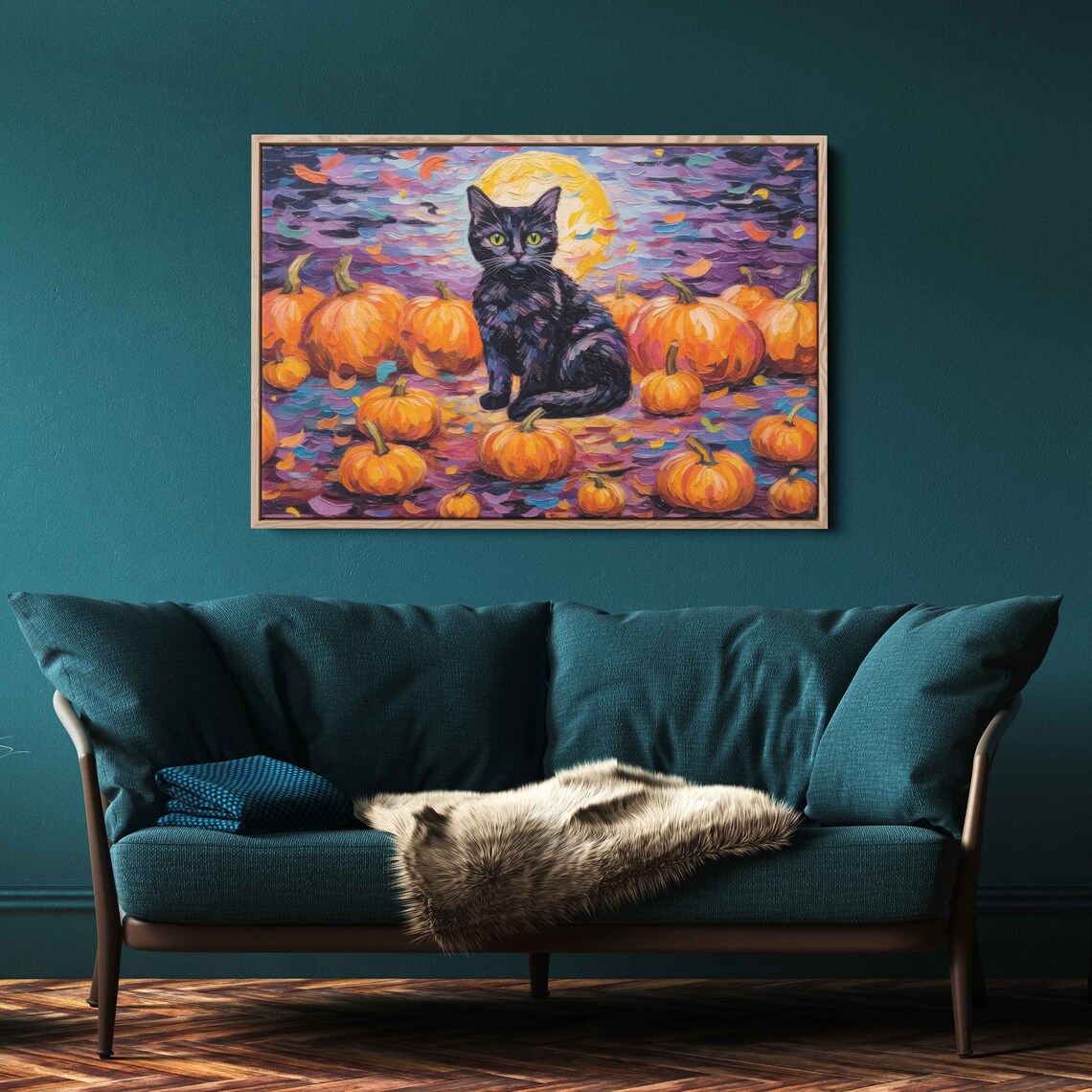 Black Cat Halloween Pumpkins Full Moon Starry Night Whimsical Painting Print - Image 3