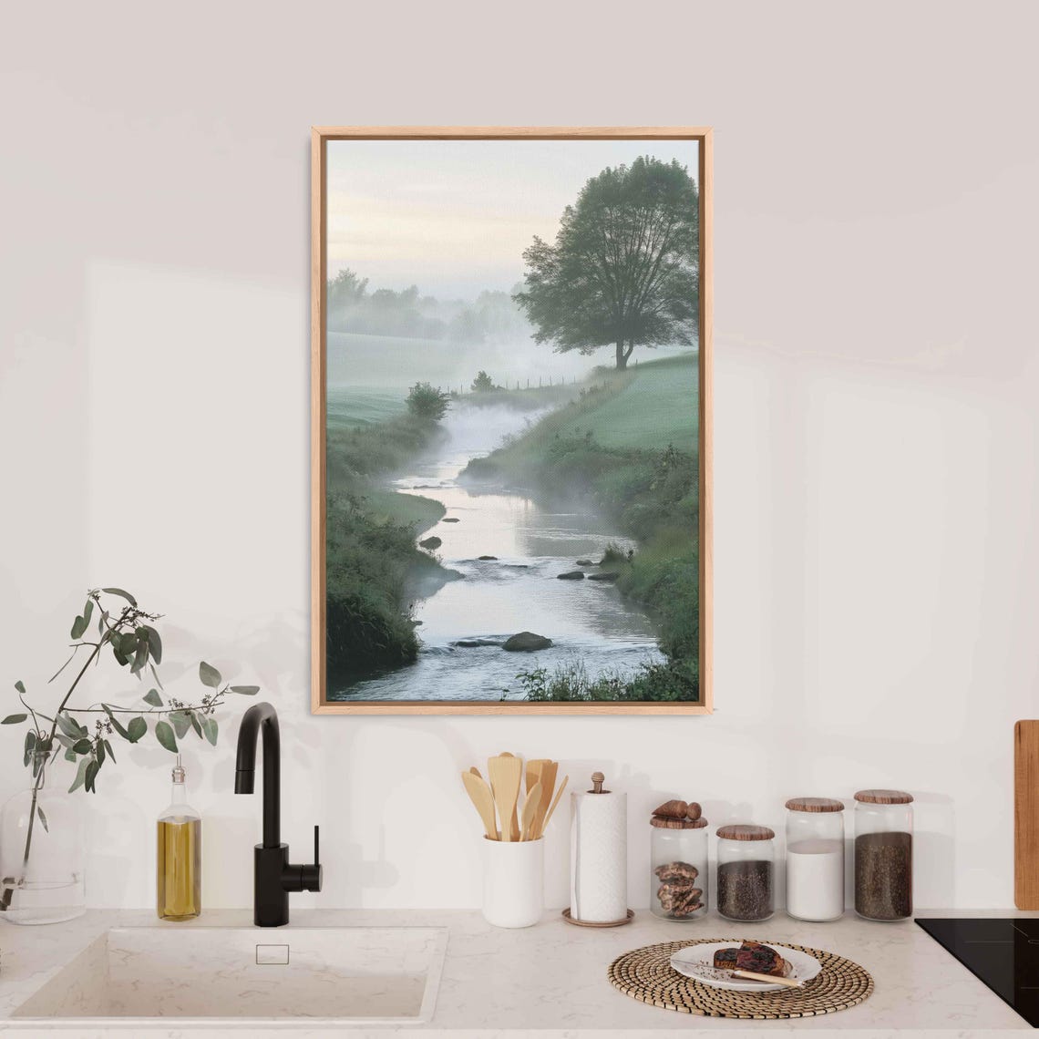Misty Morning Stream Winding Through Foggy Green Hills Poster