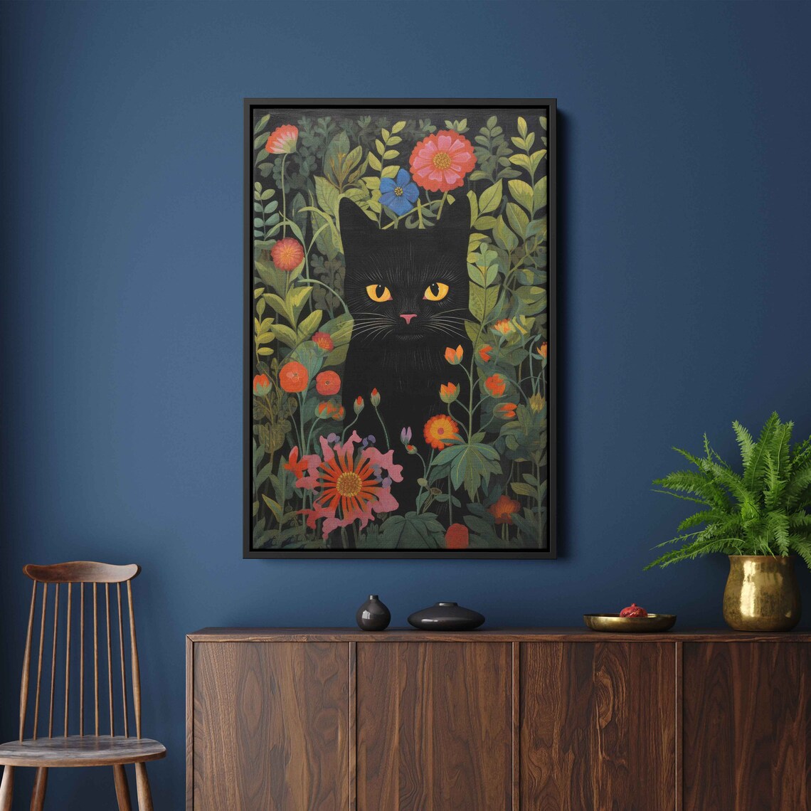 Black Cat With Golden Eyes Hiding Among Colorful Flowers Art Print - Image 2