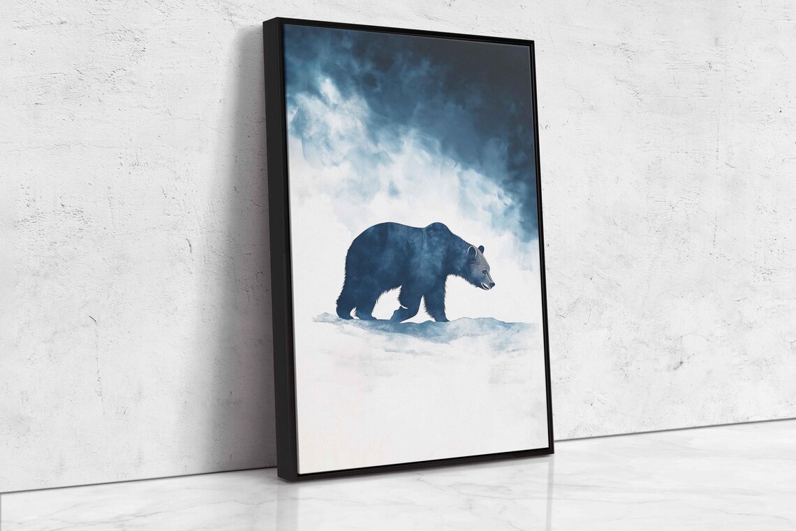 Grizzly Bear In Snowy Landscape Minimal Navy Watercolor Serene Poster - Image 4