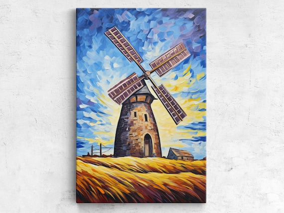 Stone Windmill Golden Field Palette Knife Impressionist Art Poster