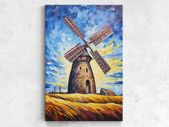 Windmill Impressionist Art Van Gogh Inspired Palette Knife Painting Framed Print Ready To Hang