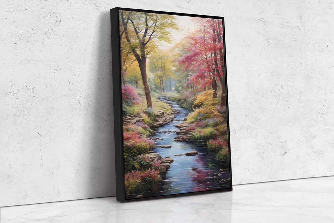Dense Forest Painting Wall Art Print Wooded Flowing Stream Towering Trees Ready To Hang - Image 4