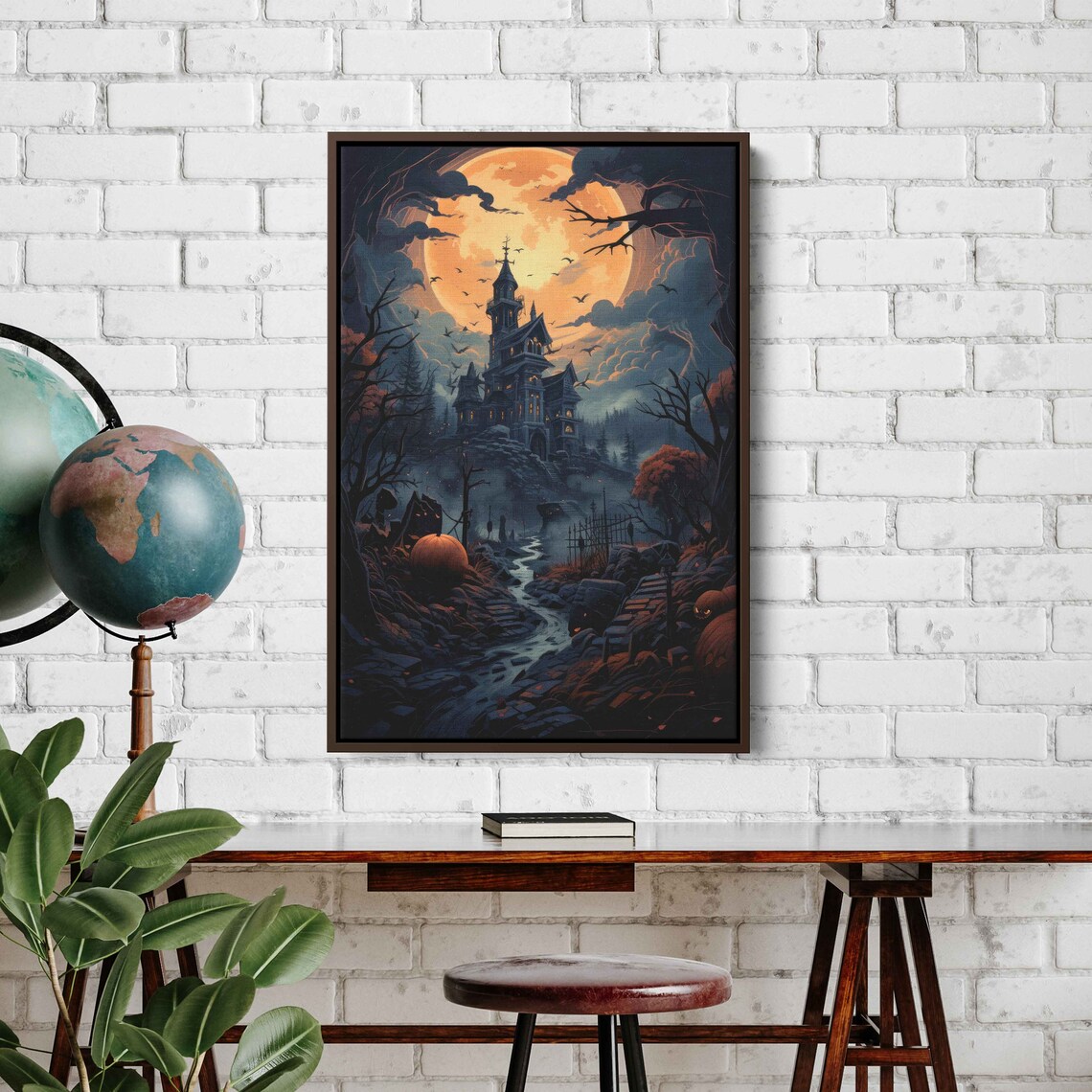 Spooky Haunted House Full Moon Halloween Night Bats Misty Path Art Print - Image 2
