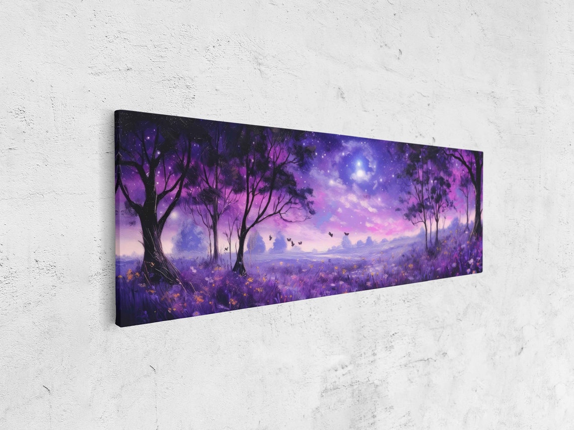 Lavender Field Starry Night Sky Misty Trees Panoramic Wall Art Poster - Image 4