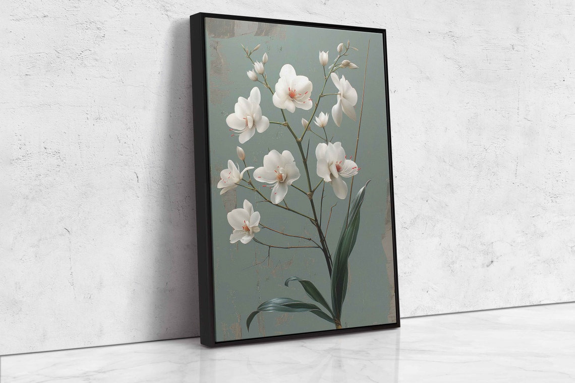 White Orchid Blooms Sage Green Vintage Botanical Elegant Floral Poster - Image 4