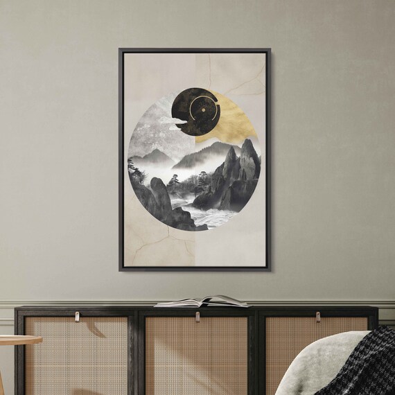 Chinese Abstract Landscape Wall Art Print Minimalist Design Moon Art Foggy Mountains Chinese Ink Art Ready To Hang