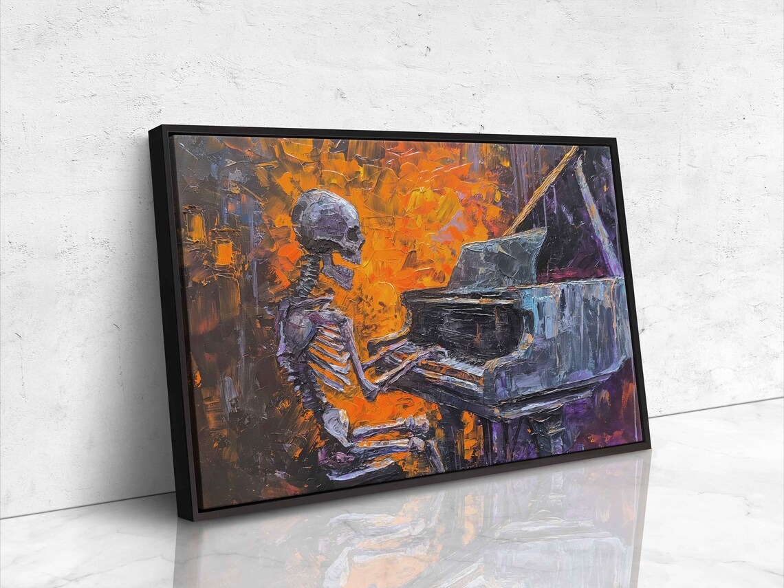 Skeleton Playing Grand Piano Orange Purple Oil Painting Poster - Image 4