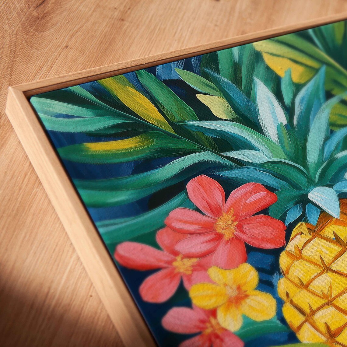 Golden Pineapples Palm Leaves Coral Flowers Tropical Art Poster - Image 2