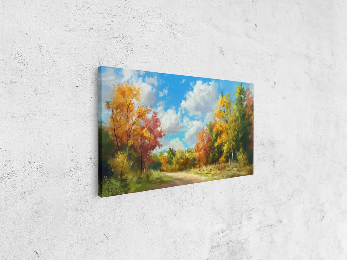 Golden Autumn Forest Path Fall Foliage Under Blue Sky Art Print - Image 4