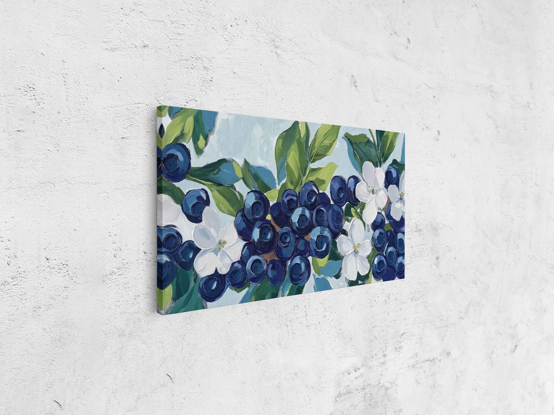 Dense Blueberry Clusters With White Blossoms Painting Art Print - Image 4