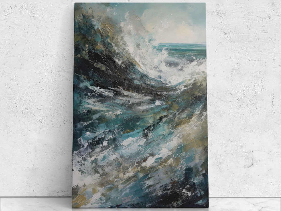 Abstract Ocean Waves Crashing Teal Brushstrokes Coastal Modern Poster