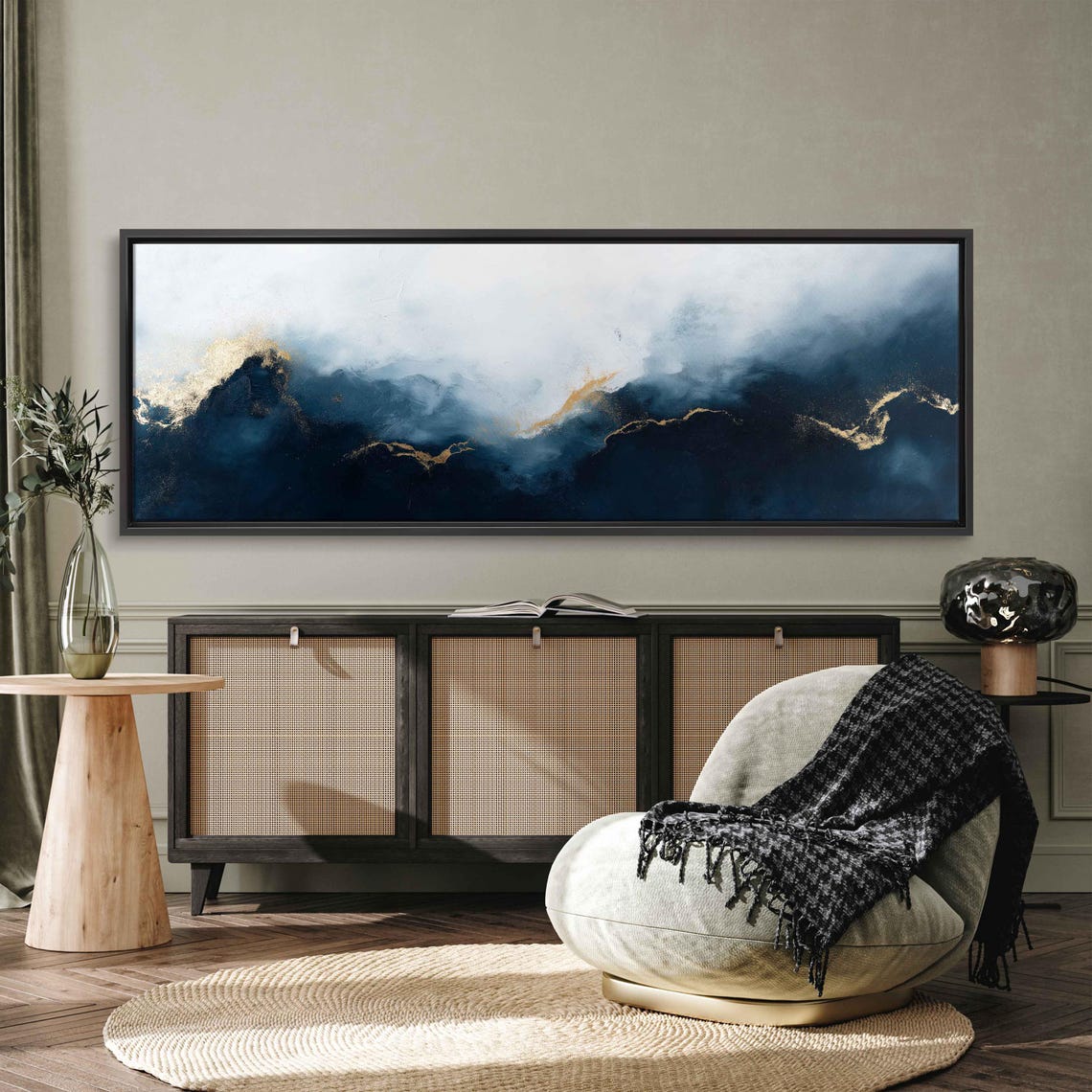 Moody Navy Peaks Golden Veins Abstract Ocean Storm Panoramic Wall Art