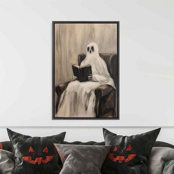 Ghost Reading Book In Cozy Armchair Halloween Painting Poster