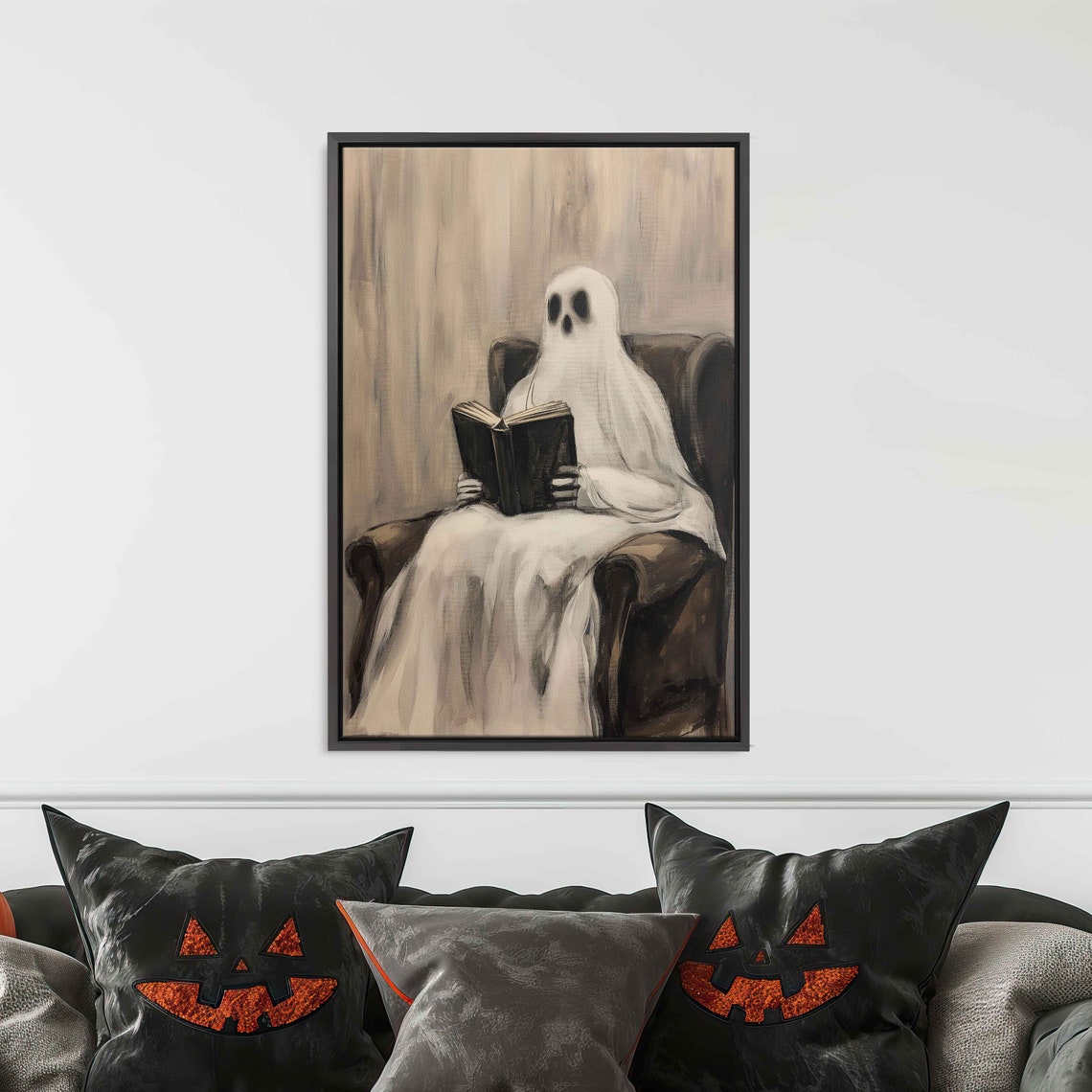 Ghost Reading Book In Cozy Armchair Halloween Painting Poster