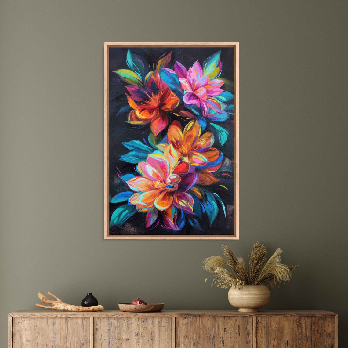 Abstract Neon Flowers Dark Background Colorful Blooms Painting Poster