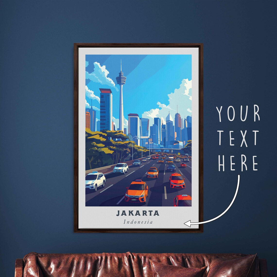 Jakarta Indonesia City Skyline Highway Taxis Illustrated Travel Poster