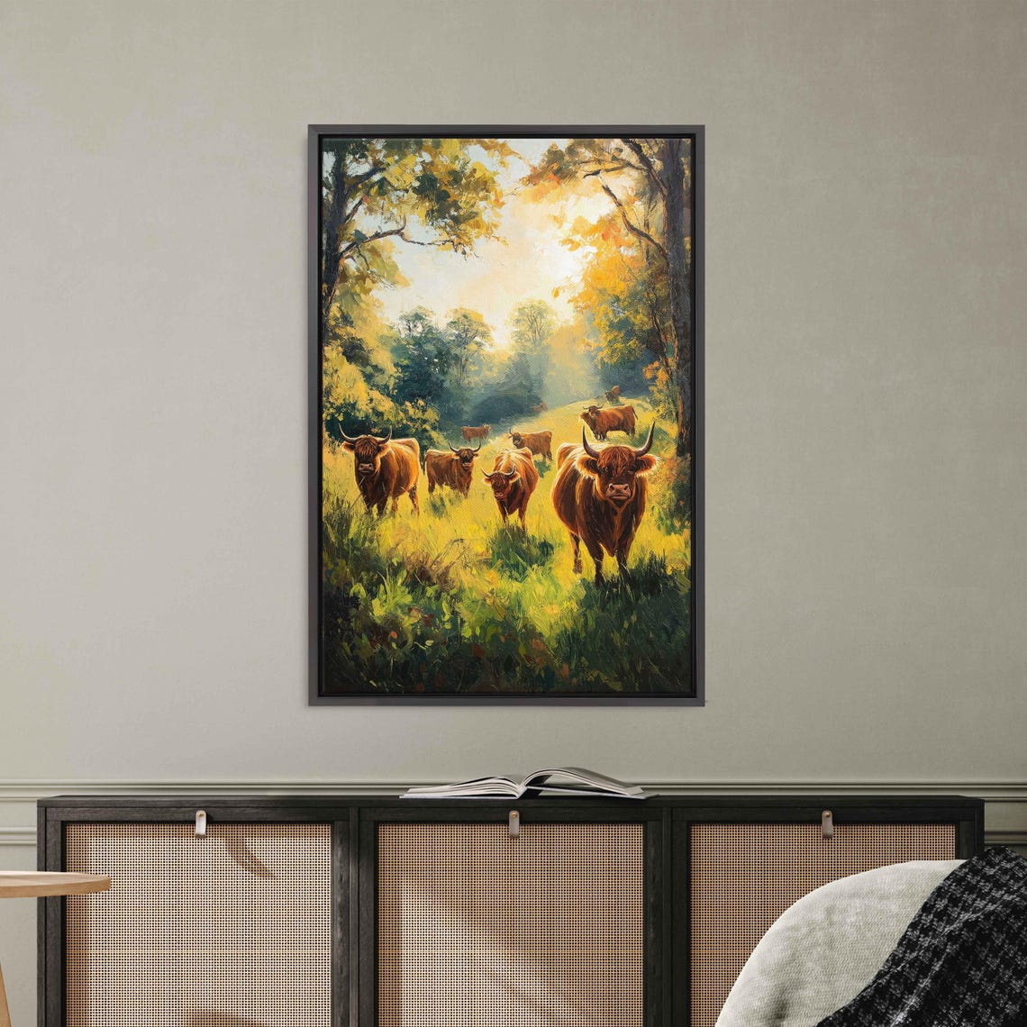 Highland Cattle Herd Sunlit Meadow Rustic Farm Painting Poster