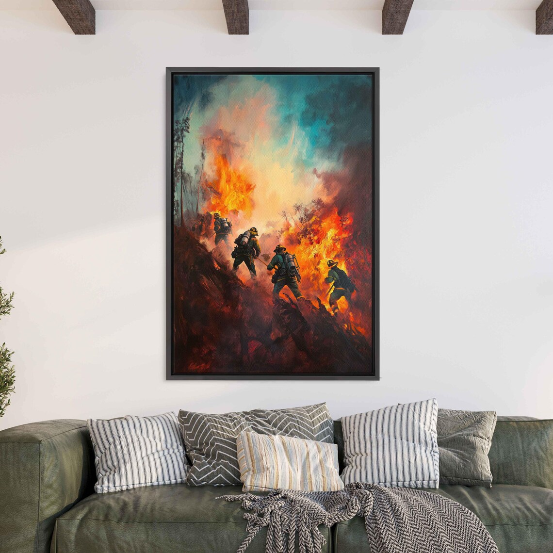 Firefighters Battling Forest Fire, Heroic Action Print
