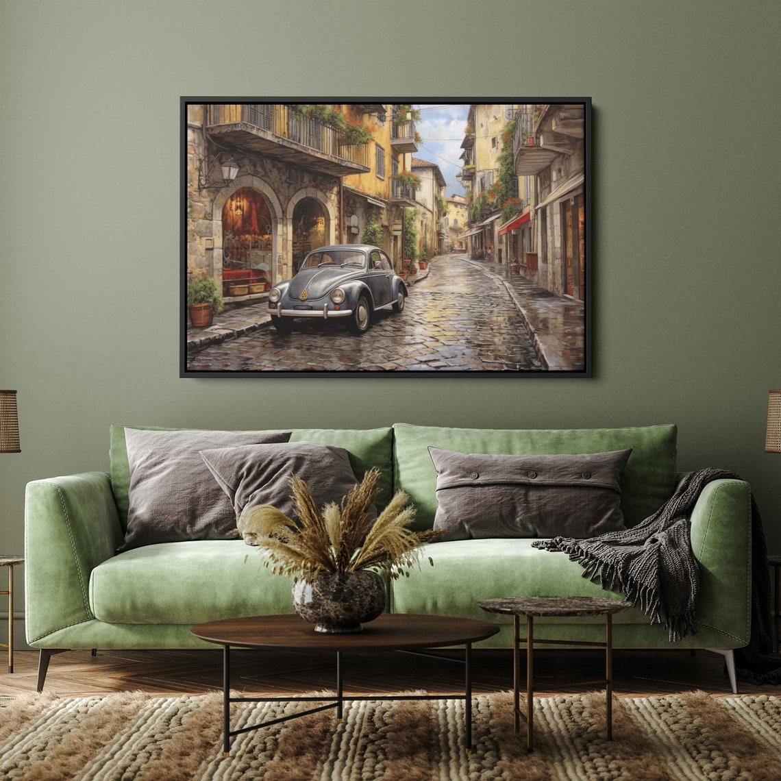 Vintage Blue Volkswagen Beetle Italian Cobblestone Street Poster