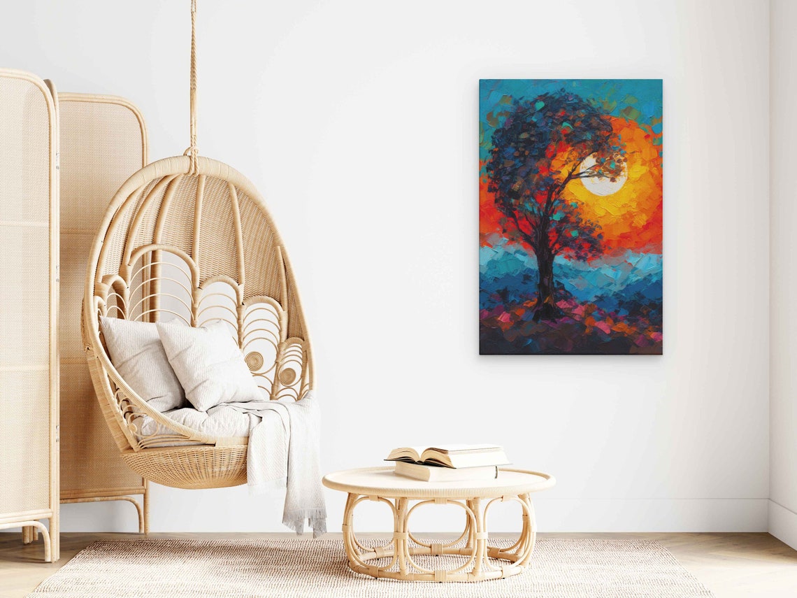 Lone Tree Silhouette Against Blazing Sun Palette Knife Art Poster - Image 3