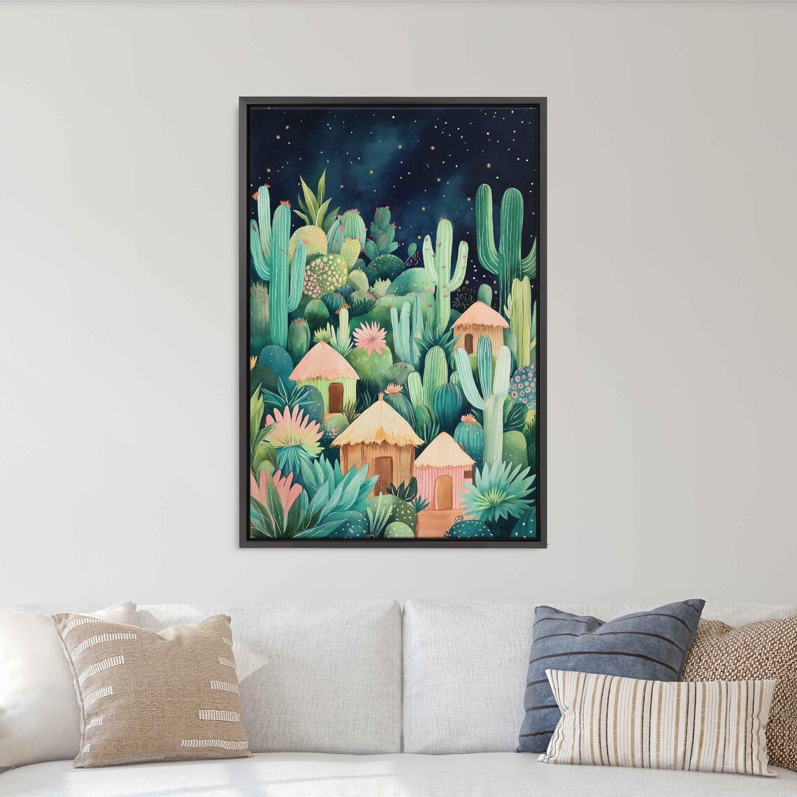 Cactus Village Under Starry Sky, Watercolor Composition