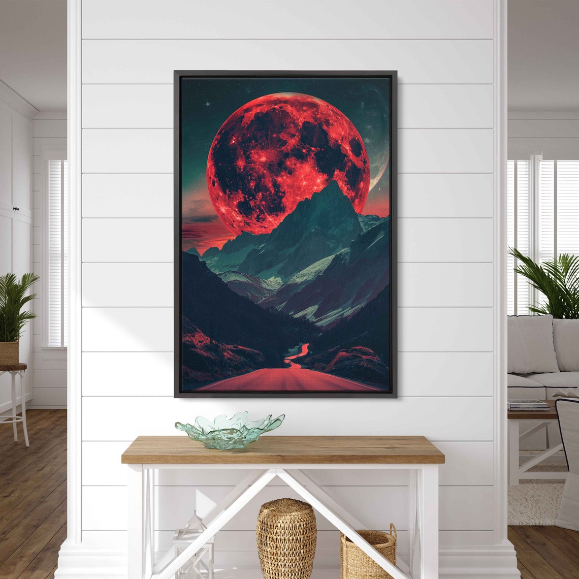 Giant Blood Red Moon Rising Over Dark Desert Mountain Road Poster - Image 3