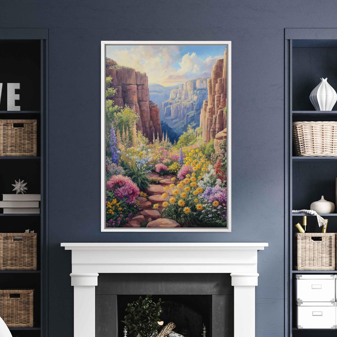 Wildflower Garden Canyon Path Painting Colorful Blooms Cliff Wall Art - Image 3