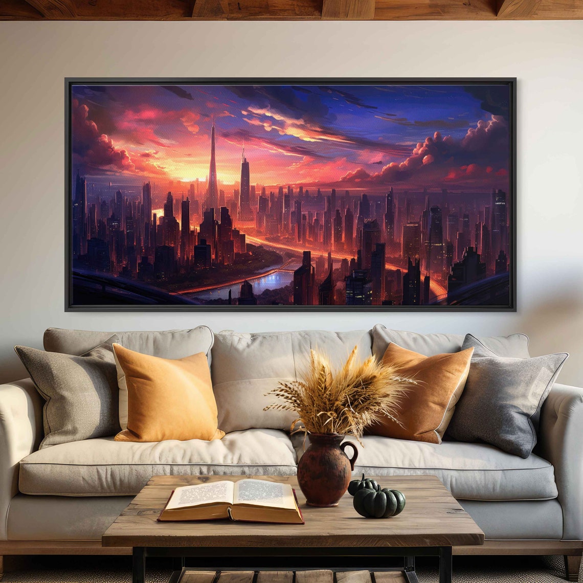 Neon City Skyline Sunset River Lights Vibrant Urban Night Poster - Image 2