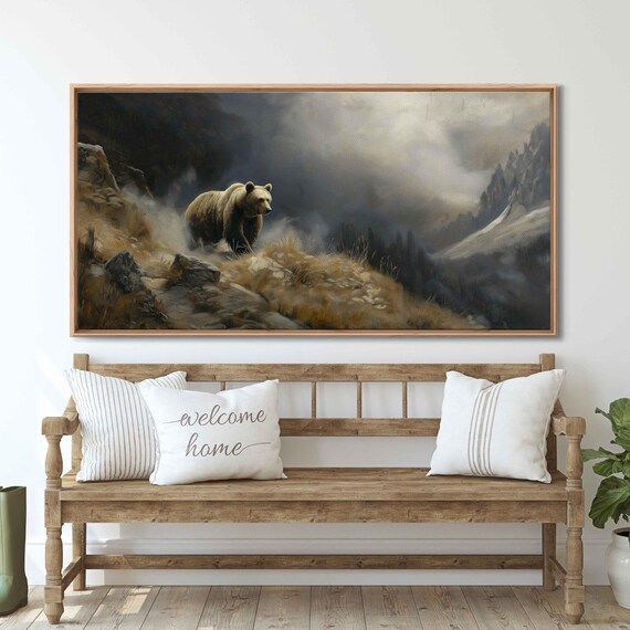 Grizzly Bear Emerging From Fog Dramatic Mountain Oil Painting Poster