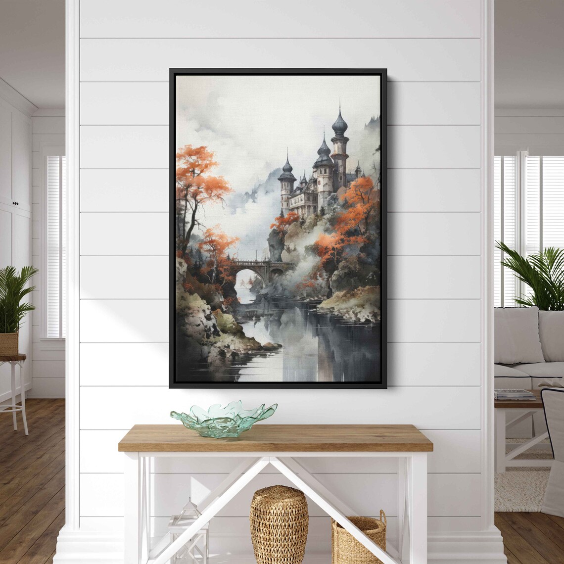 Watercolor River Castle Wall Art Print Hanging Trees Medieval Bridge Mountain Range Ready To Hang