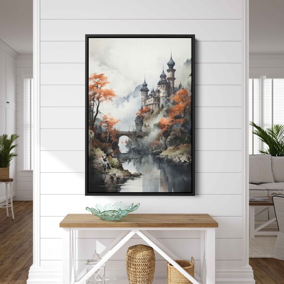 Watercolor River Castle Wall Art Print Hanging Trees Medieval Bridge Mountain Range Ready To Hang