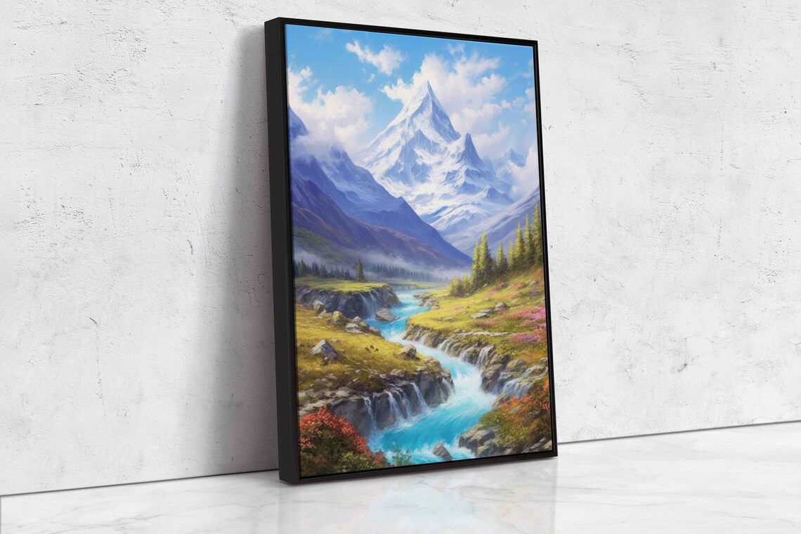 Painting Of Winding River And A Snow Covered Mountain Framed Print Ready To Hang - Image 4