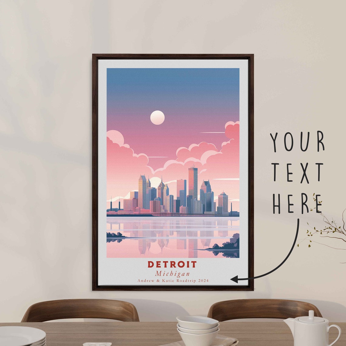 Detroit Michigan Skyline River Reflection Pink Sunset Travel Poster - Image 3