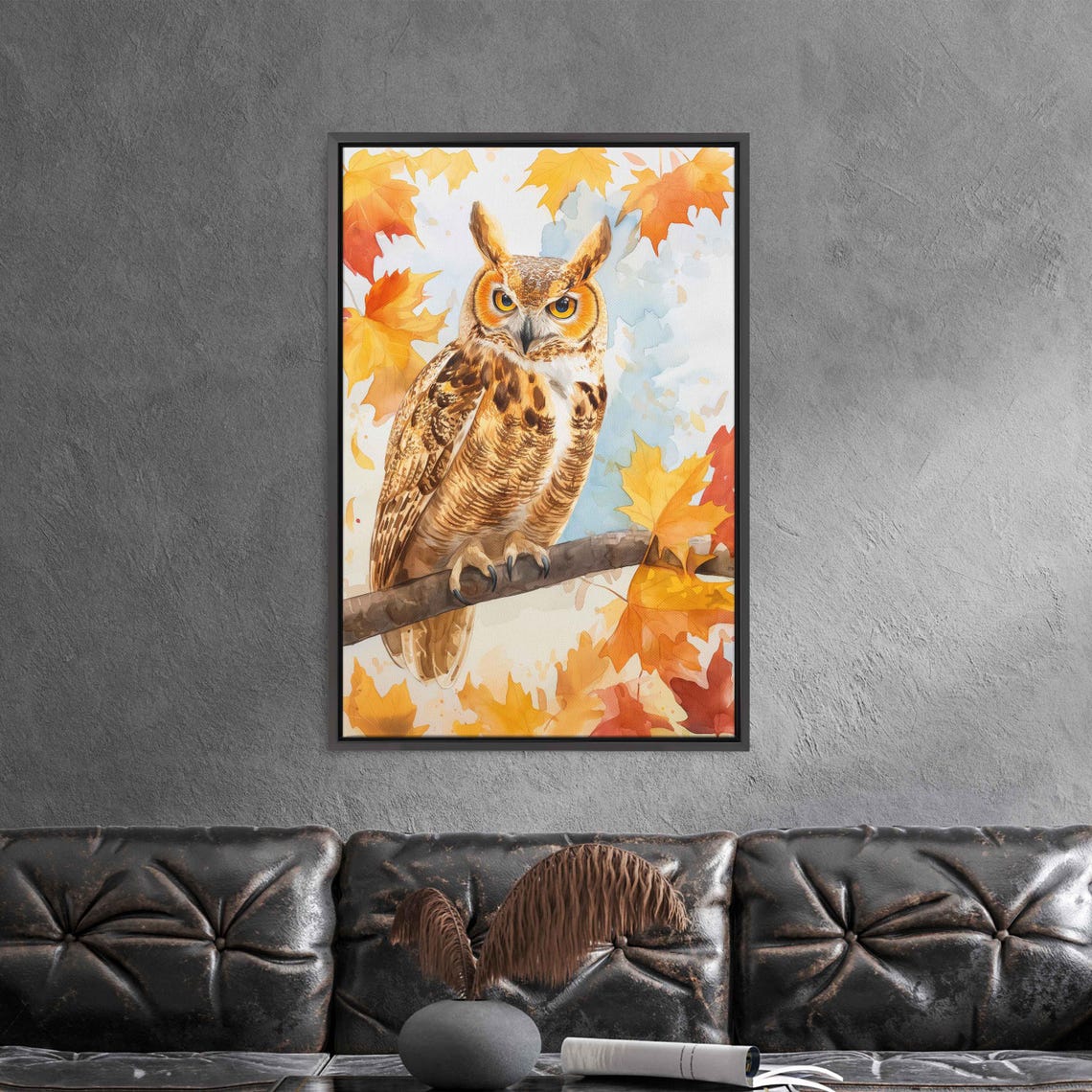 Great Horned Owl Perched Branch Autumn Leaves Watercolor Poster - Image 3