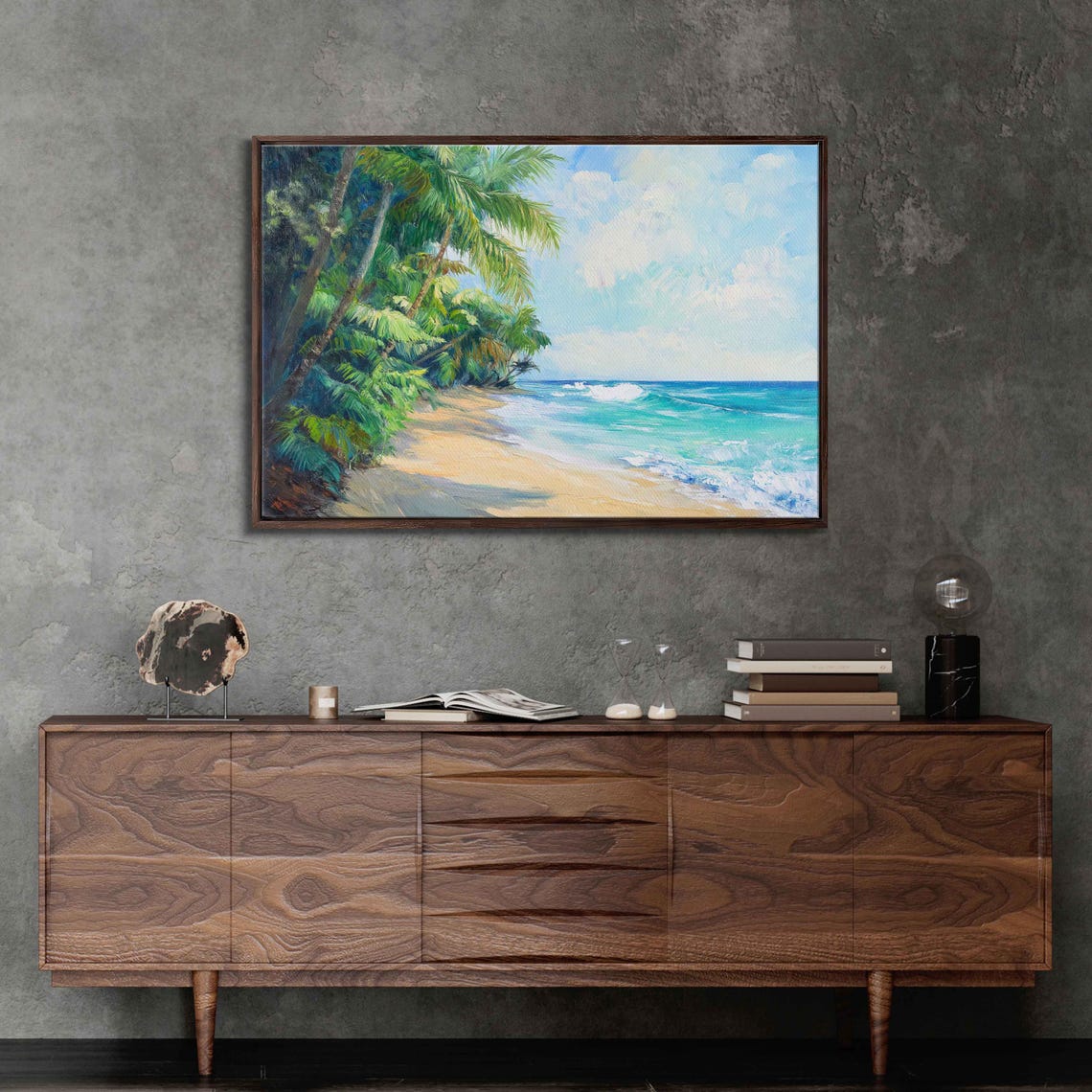 Palm Trees Golden Sand Turquoise Waves Tropical Beach Painting Poster